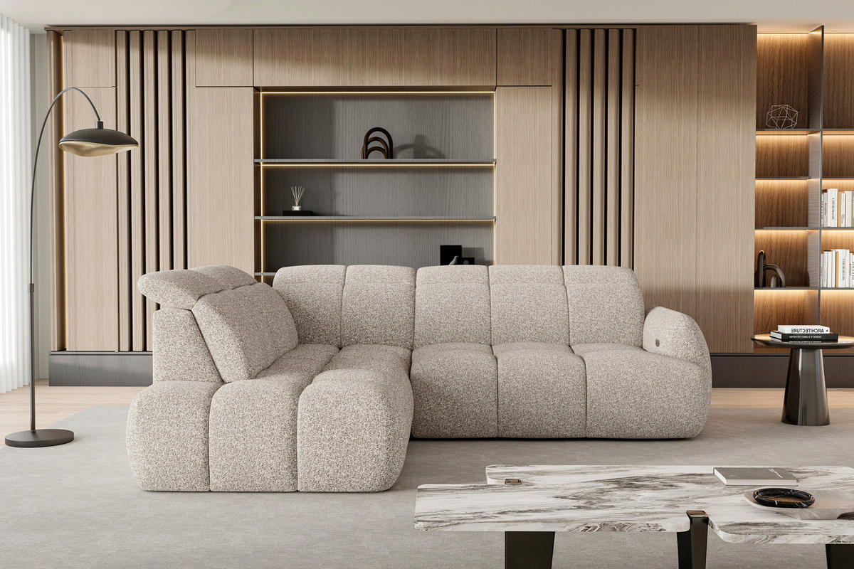 ECKSOFA Beige Webstoff Bettkasten, Schlaffunktion, Rücken echt, Kopfteilverstellung, Sitzvorzug  - Beige/Schwarz, Design, Kunststoff/Textil (230/275cm) - Welnova