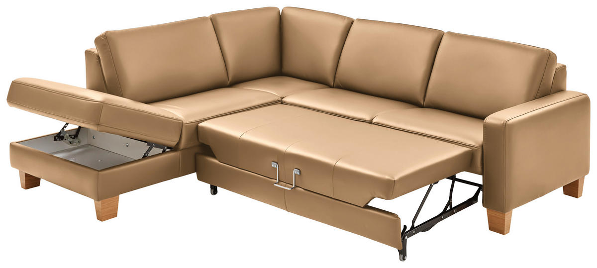 ECKSOFA in Echtleder Honig  - Eiche Bianco/Honig, Natur, Leder/Holz (235/257cm) - Valdera