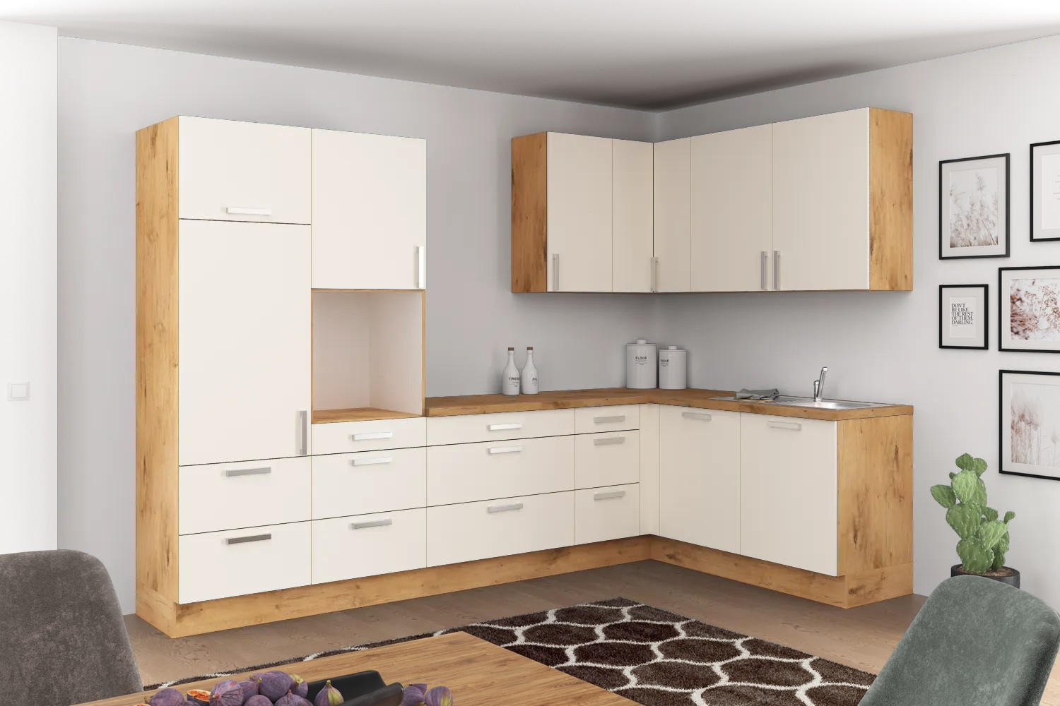 Eckküche Ip1200 ohne Geräte 320x185cm Magnolie/Eiche Dekor