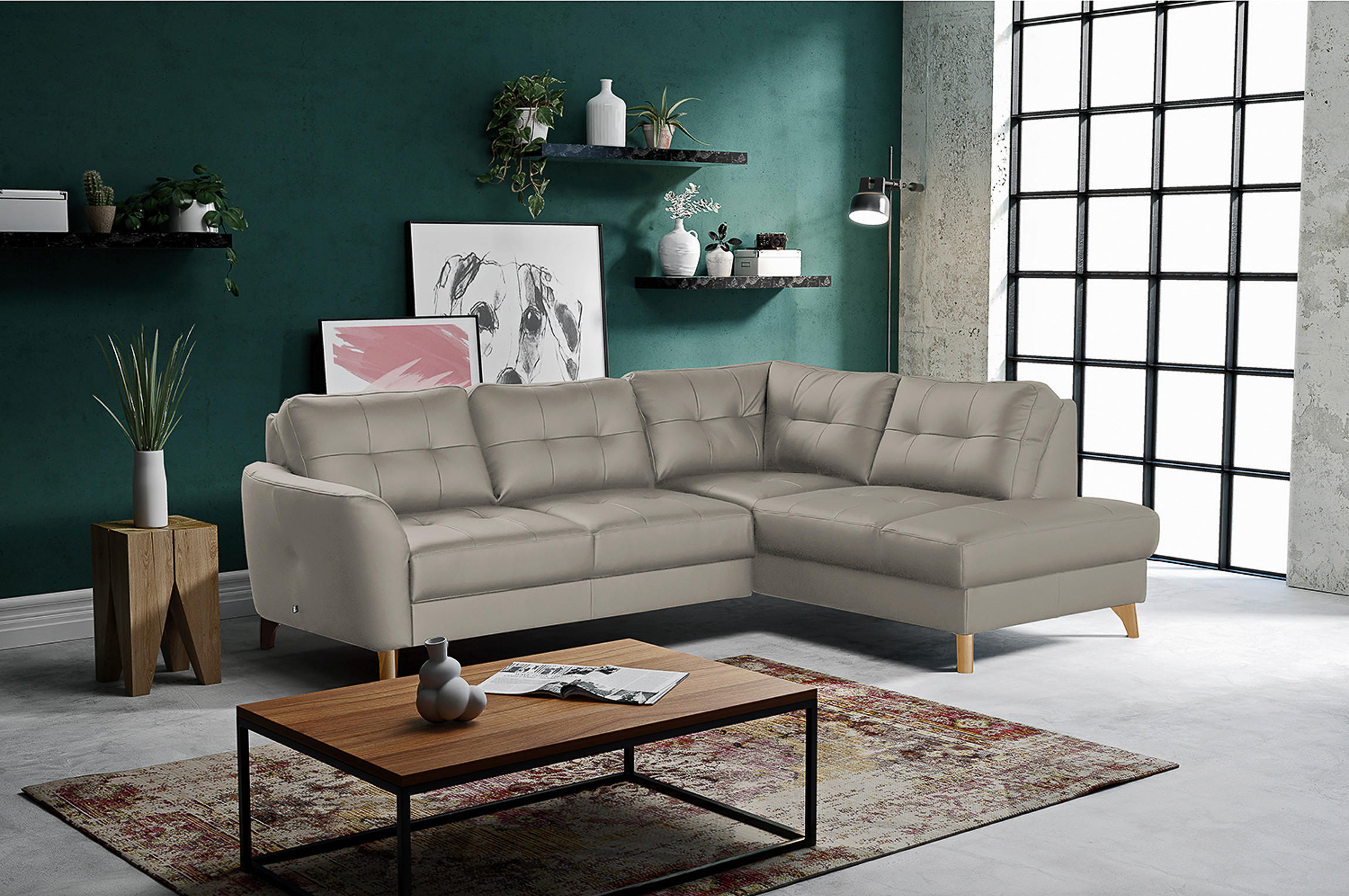 ECKSOFA in Lederlook Echtleder Platinfarben  - Platinfarben/Buchefarben, Design, Leder/Holz (236/190cm) - Livetastic