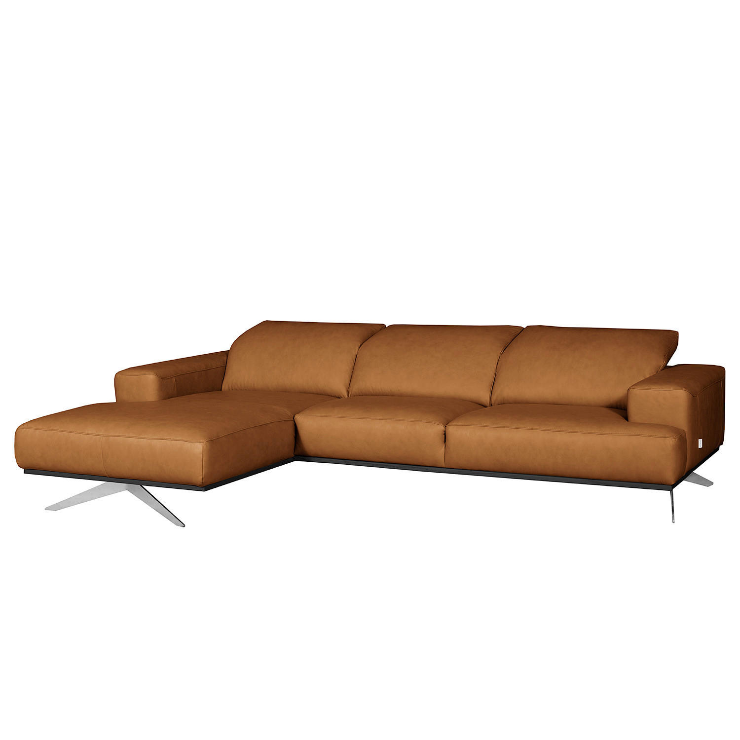 ECKSOFA Cognac Echtleder Rücken echt, Kopfteilverstellung  - Chromfarben/Cognac, Design, Leder/Metall (187/295cm) - Livetastic