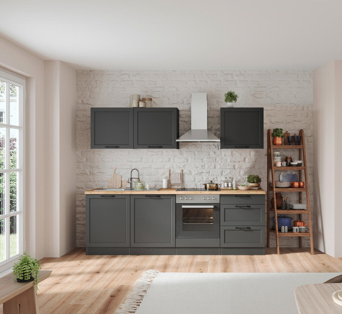 KÜCHENLEERBLOCK 240 cm   in Grau, Eiche Wotan  - Eiche Wotan/Schwarz, LIFESTYLE, Holzwerkstoff/Metall (240cm) - Held