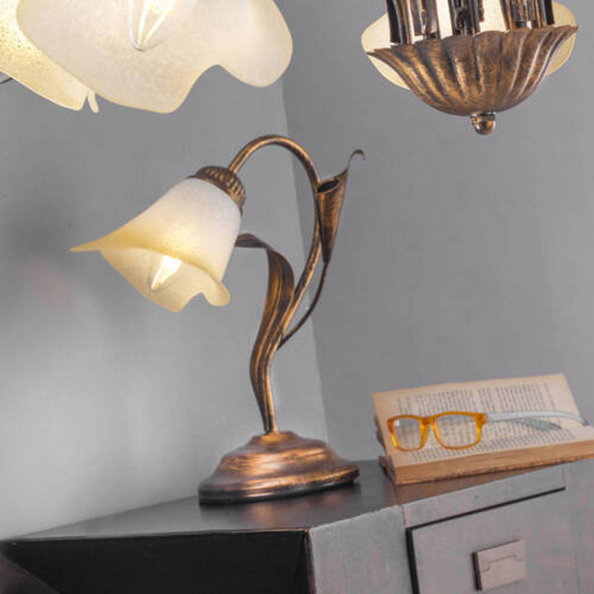 STOLNÁ LAMPA, E14, 25/31 cm  - bronzová/biela, Natur, kov (25/31cm)