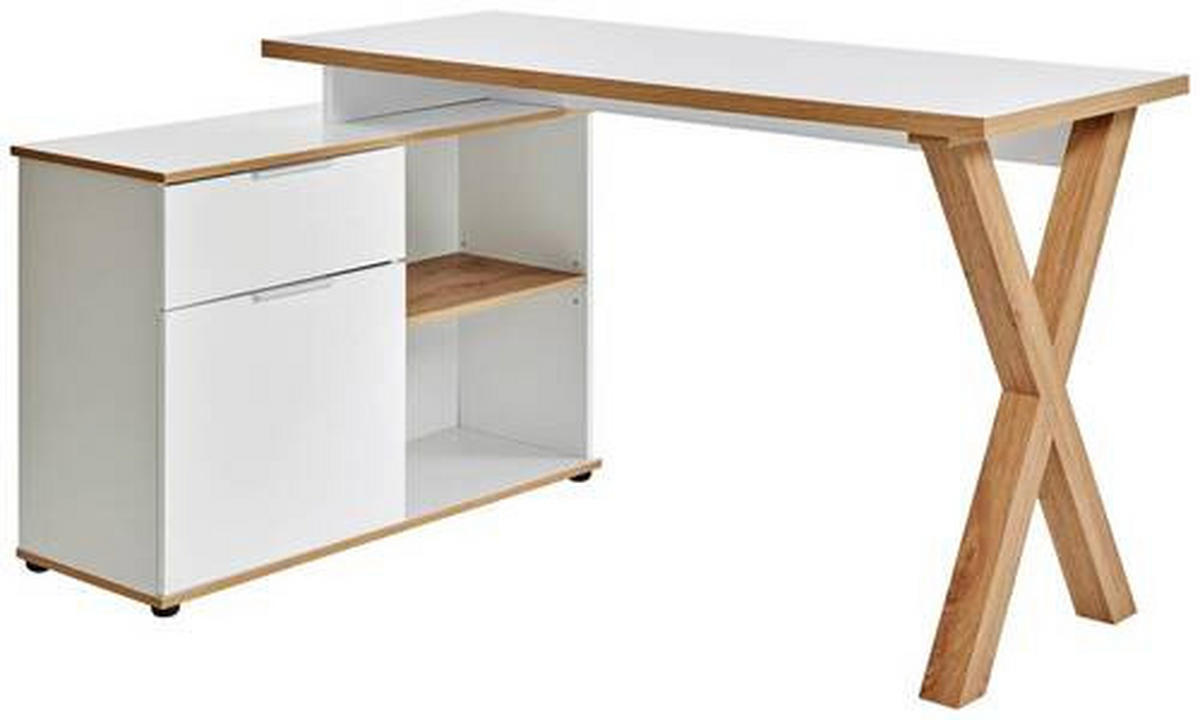 ECKSCHREIBTISCH 140/95/76 cm  in Weiss, Eichefarben  - Weiss/Eichefarben, Modern, Holzwerkstoff/Metall (140/95/76cm) - Livetastic