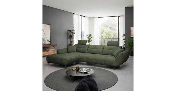 ECKSOFA Dunkelgrün Chenille Armlehnenkissen, Rücken echt, Sitztiefenverstellung  - Dunkelgrün/Schwarz, KONVENTIONELL, Textil/Metall (215/313cm) - Hom`in