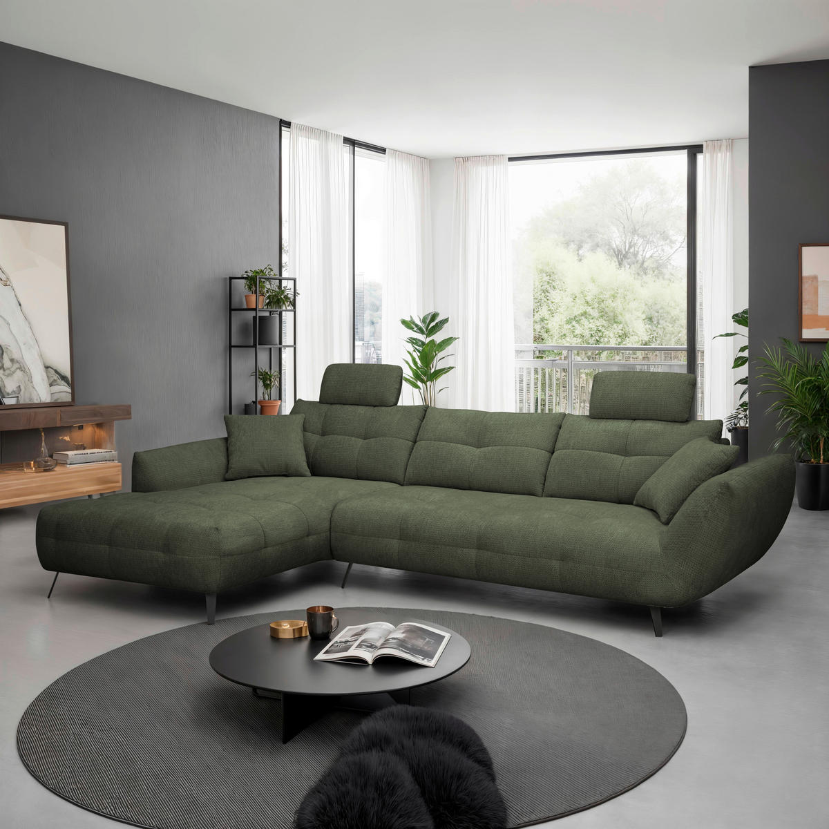 ECKSOFA Dunkelgrün Chenille Armlehnenkissen, Rücken echt, Sitztiefenverstellung  - Dunkelgrün/Schwarz, KONVENTIONELL, Textil/Metall (215/313cm) - Hom`in