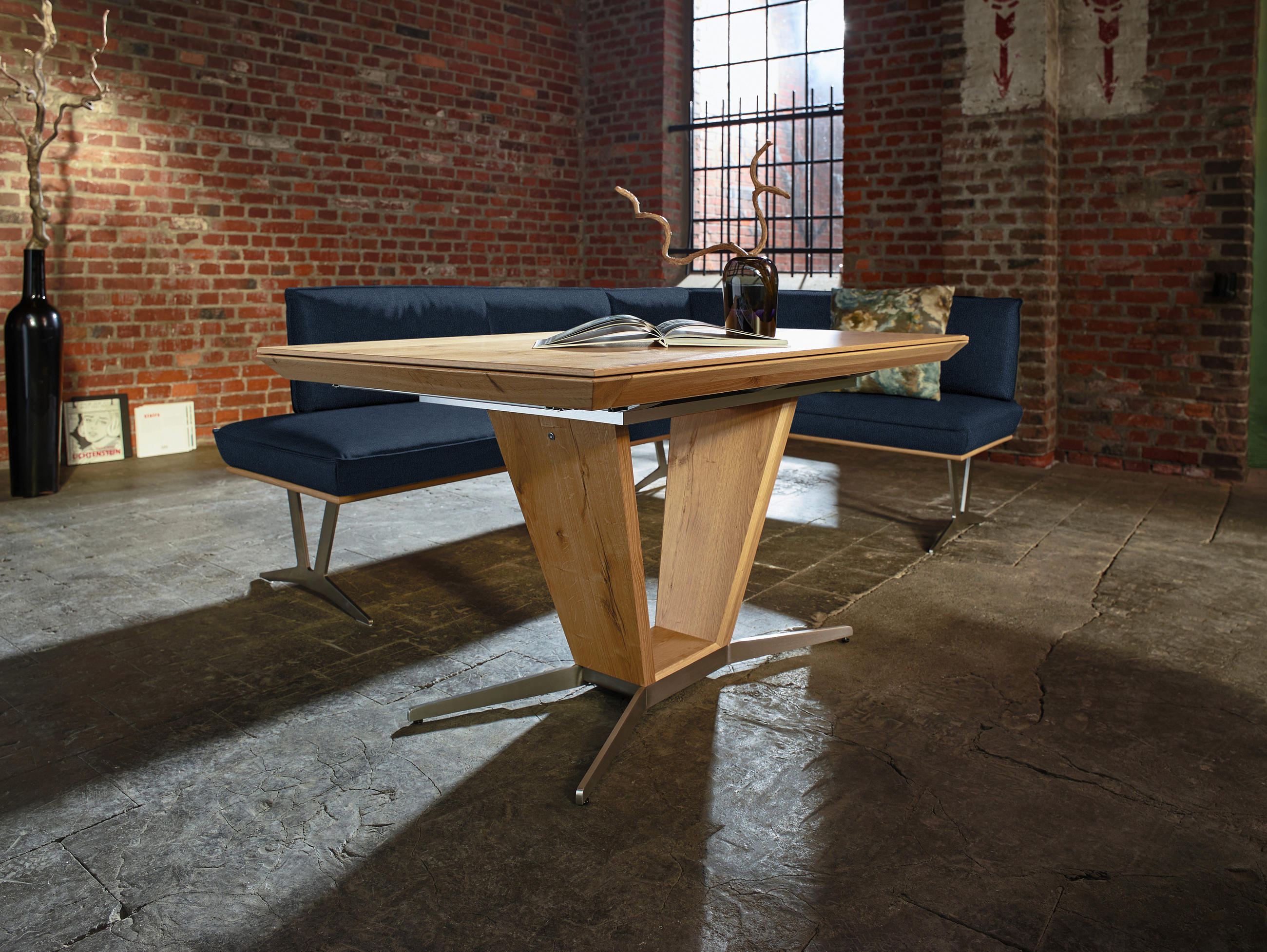 ECKBANK 237/162 cm in Dunkelblau - Edelstahlfarben/Beige, Design, Leder/Holz (237/162cm) - Ambiente