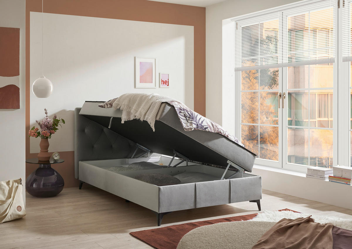 BOXBETT 120/200 cm,  in Grau, Bettkasten, gepolstertes Kopfteil,  - Schwarz/Grau, MODERN, Holzwerkstoff/Kunststoff (120/200cm) - MID.YOU