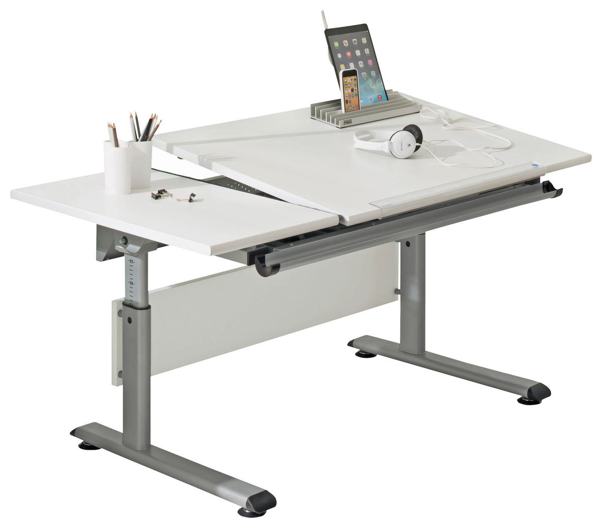 IFJÚSÁGI ÍRÓASZTAL  - ezüstszínű/fehér, Design, faalapú anyag/fém (130/70/53-79cm) - Paidi