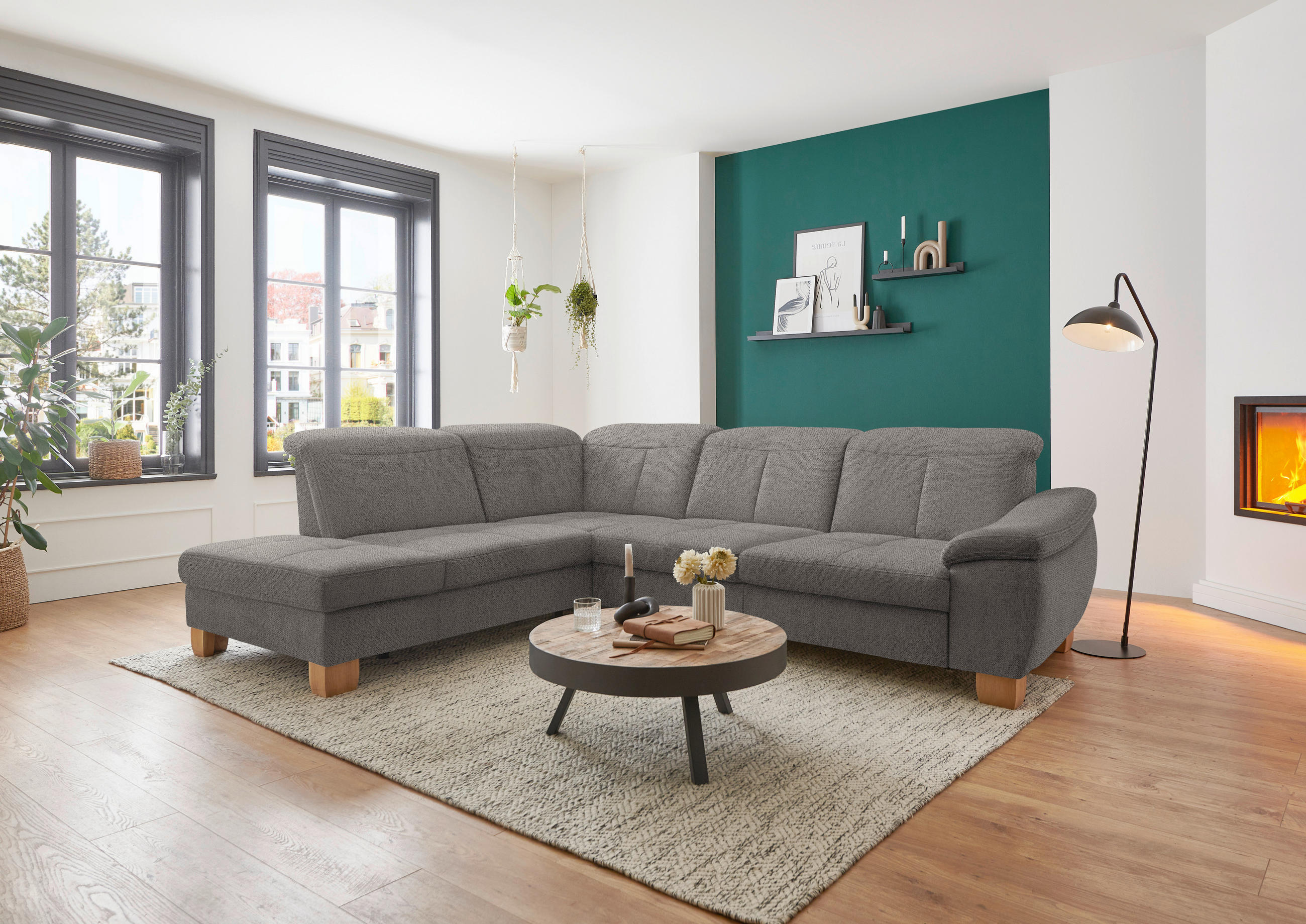 ECKSOFA in Flachgewebe Braun  - Wildeiche/Braun, Natur, Holz/Textil (243/301cm) - Voleo