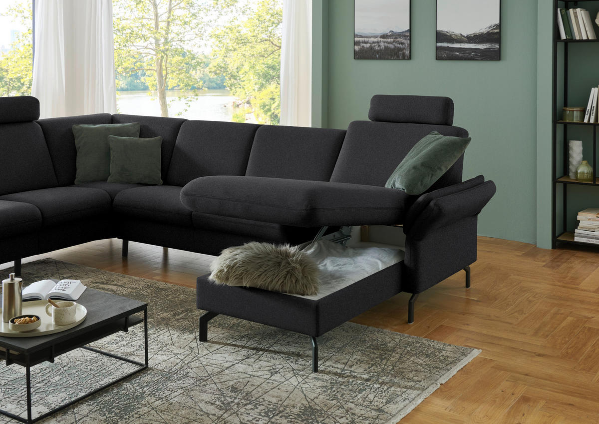 WOHNLANDSCHAFT Flachgewebe Schwarz  - Schwarz, Konventionell, Textil/Metall (190/307/170cm) - Beldomo Comfort