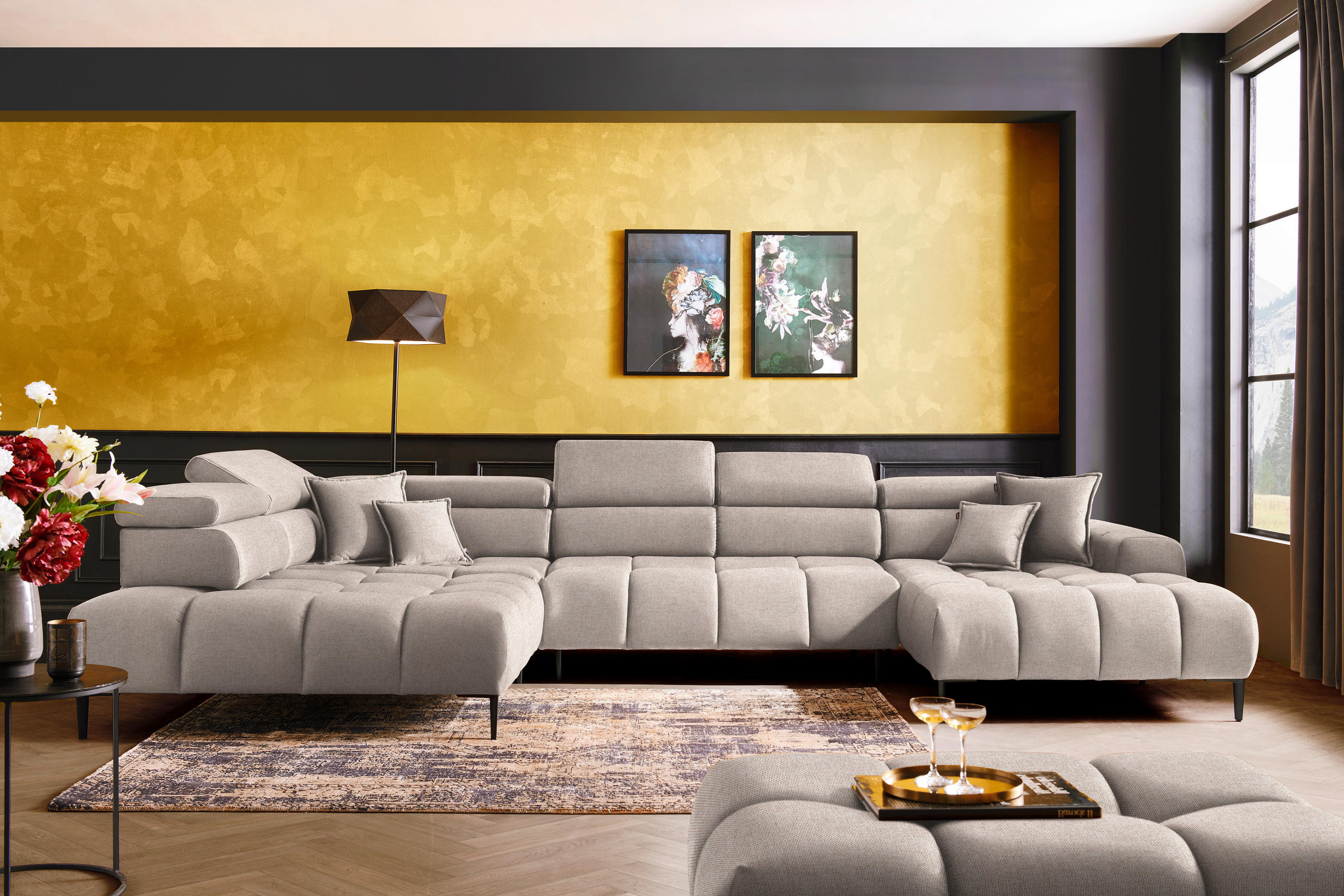 WOHNLANDSCHAFT in Webstoff Beige  - Beige/Schwarz, Design, Textil/Metall (216/385/177cm) - Welnova