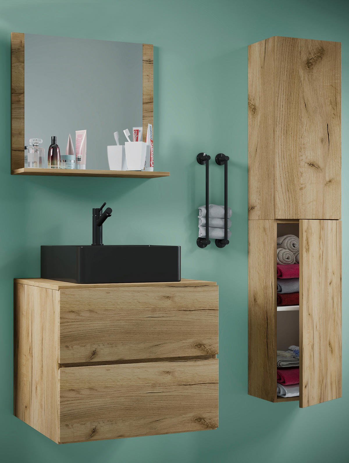 BADEZIMMER 4-teilig  in 94 cm  - Honigeiche/Schwarz, MODERN, Glas/Keramik (94cm) - MID.YOU