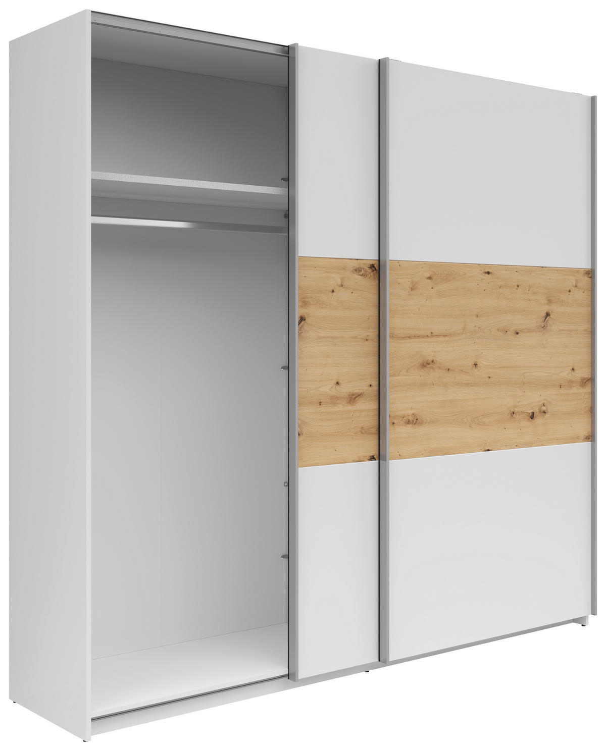 SCHWEBETÜRENSCHRANK 218/210/59 cm 2-türig Weiß, Eiche Artisan  - Silberfarben/Weiß, KONVENTIONELL, Holzwerkstoff/Metall (218/210/59cm)