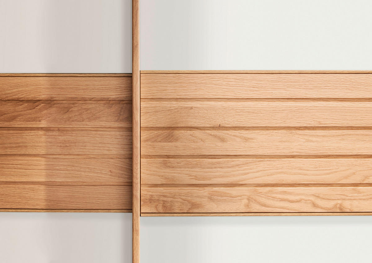 SCHWEBETÜRENSCHRANK in Weiss, Eichefarben  - Weiss/Eichefarben, Design, Glas/Holz (300/217/67cm) - Venda