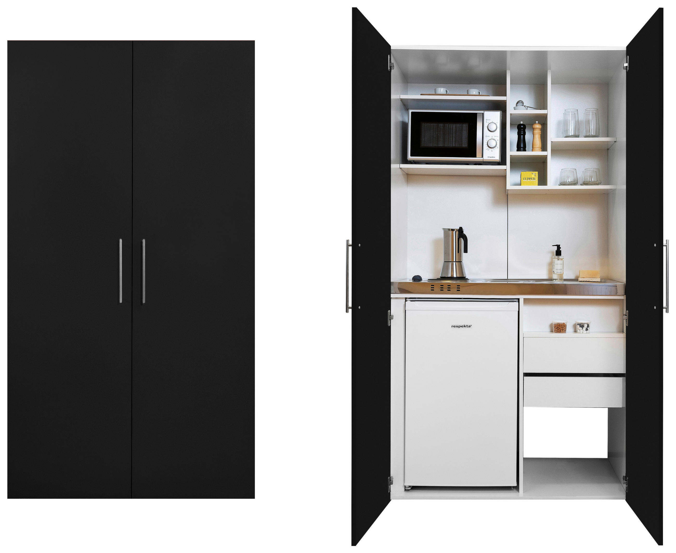 SCHRANKKÜCHE  104/193/67 cm  in Schwarz, Weiß  - Edelstahlfarben/Silberfarben, MODERN, Holzwerkstoff/Metall (104/193/67cm) - Respekta