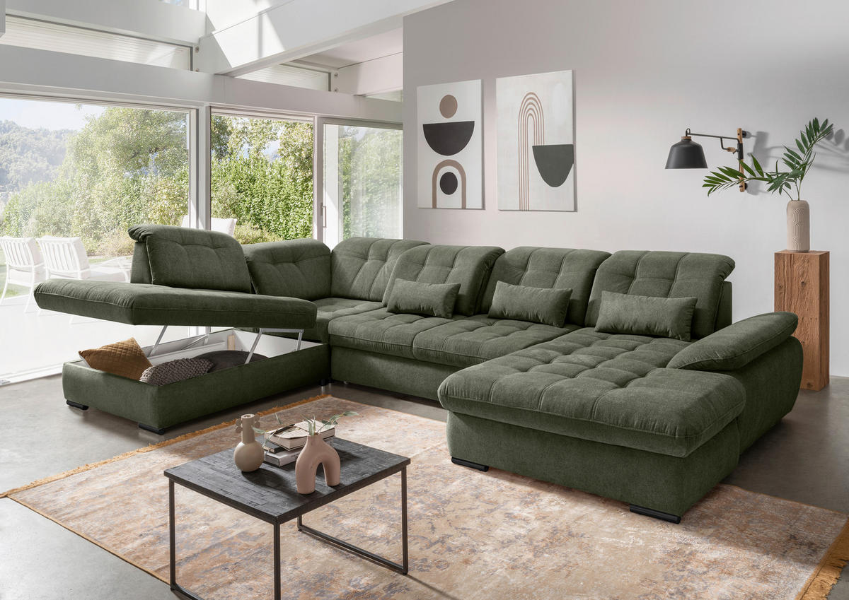 WOHNLANDSCHAFT in Chenille Dunkelgrün  - Dunkelgrün/Schwarz, Modern, Textil/Metall (252/387/184cm) - Livetastic