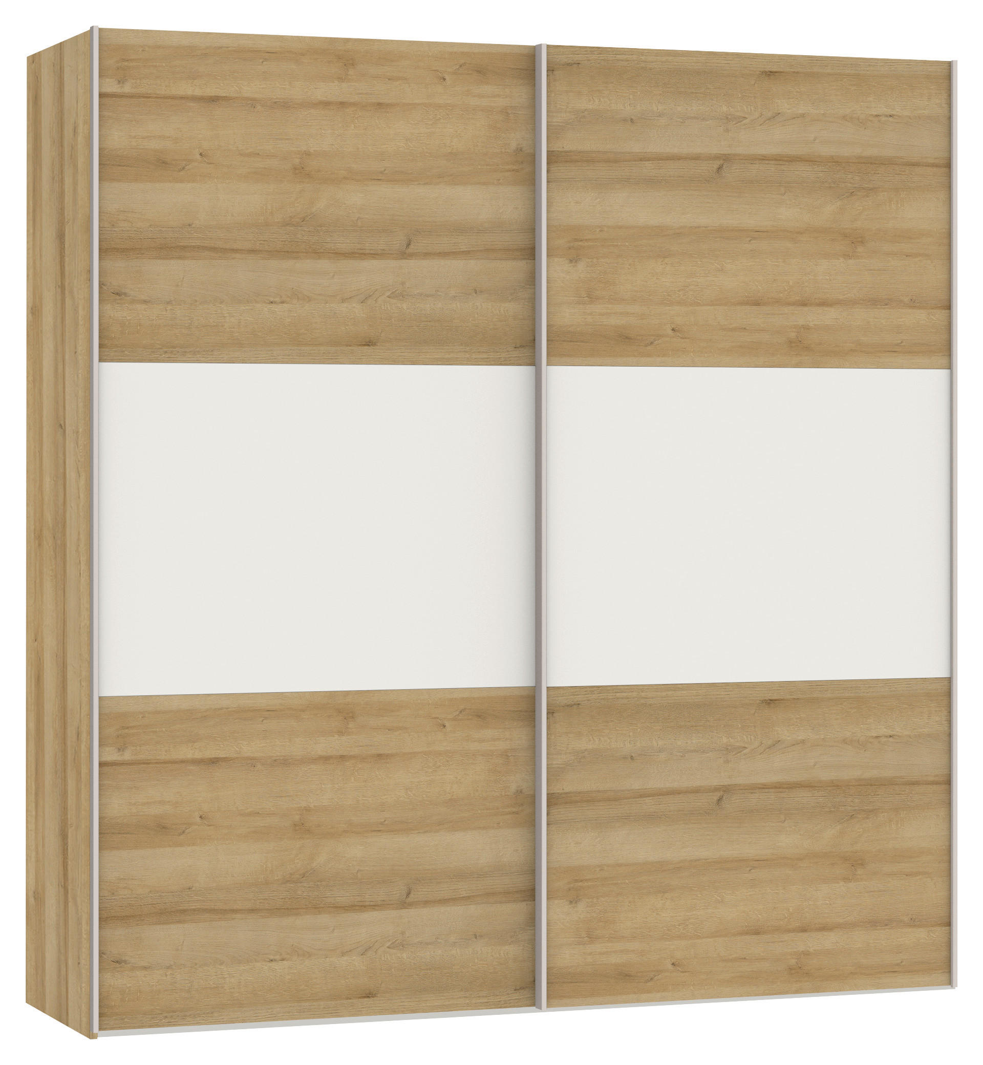 SCHWEBETÜRENSCHRANK  in Weiß, Eichefarben  - Edelstahlfarben/Eichefarben, Design, Glas/Holzwerkstoff (203/215/65cm) - Carryhome