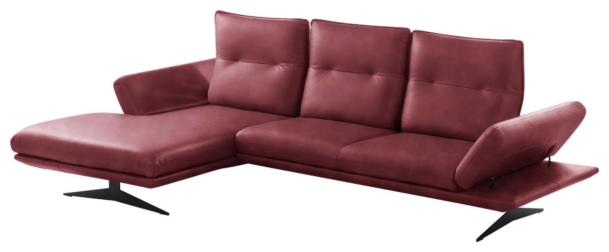 ECKSOFA Kirschrot Echtleder Armteilverstellung, Kopfteilverstellung, Sitztiefenverstellung  - Schwarz/Kirschrot, Design, Leder/Metall (180/291cm) - Celina Home