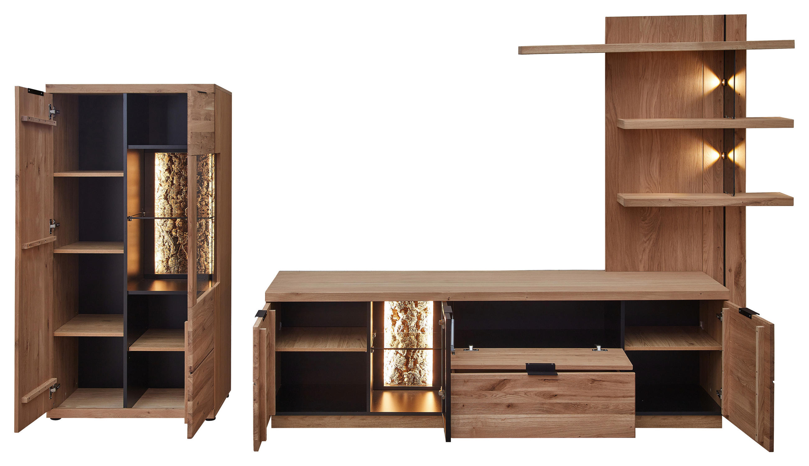 WOHNWAND  in Schwarz, Wildeiche 324/180/50 cm  - Wildeiche/Schwarz, Natur, Glas/Holz (324/180/50cm) - Livetastic