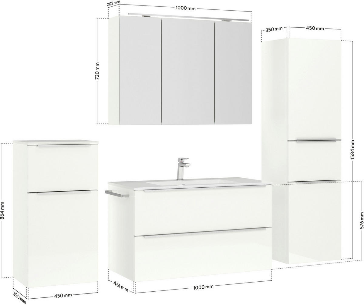 BADEZIMMER 5-teilig  in 191 cm  - Edelstahlfarben/Weiß Hochglanz, MODERN, Holzwerkstoff/Stein (191cm) - Nobilia
