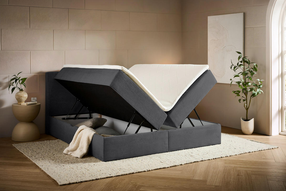 BOXBETT 180/200 cm,  in Anthrazit, Kissen, Bettkasten, Topper, H3 + H3 = fest  - Anthrazit/Schwarz, Design, Kunststoff/Textil (180/200cm) - Chameo