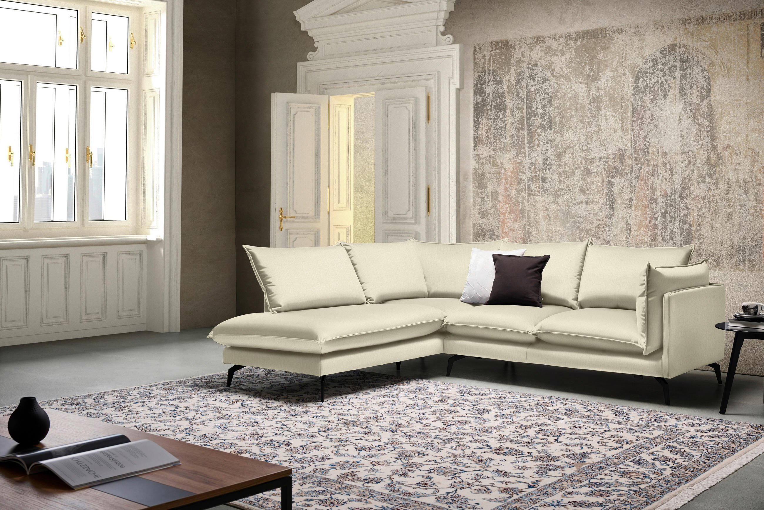 ECKSOFA in Samt Creme  - Creme/Schwarz, Design, Textil/Metall (200/241cm) - Carryhome