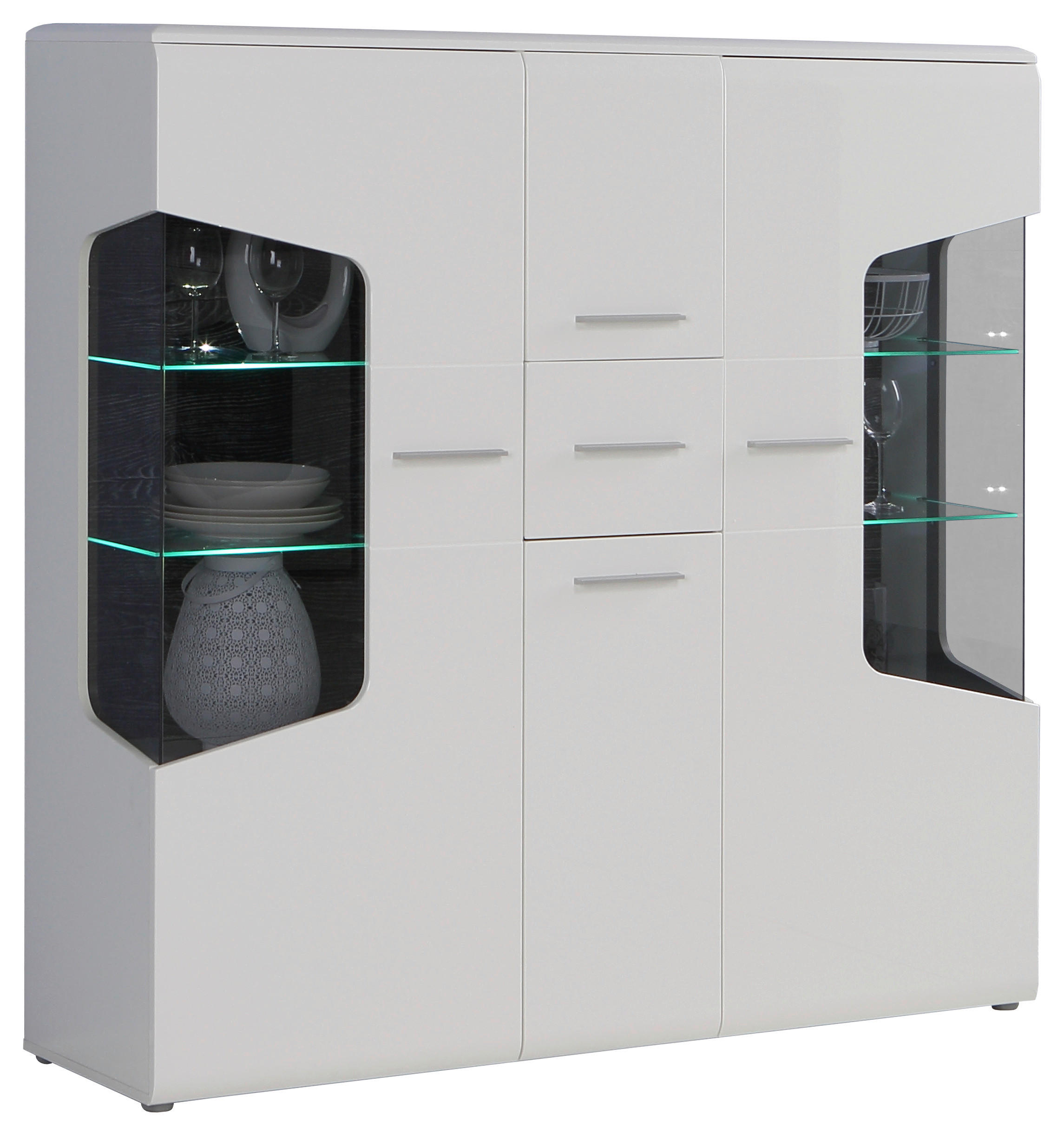 Hom`in Highboard Weiß, Eiche, Weiß Hochglanz 155x150x41 cm