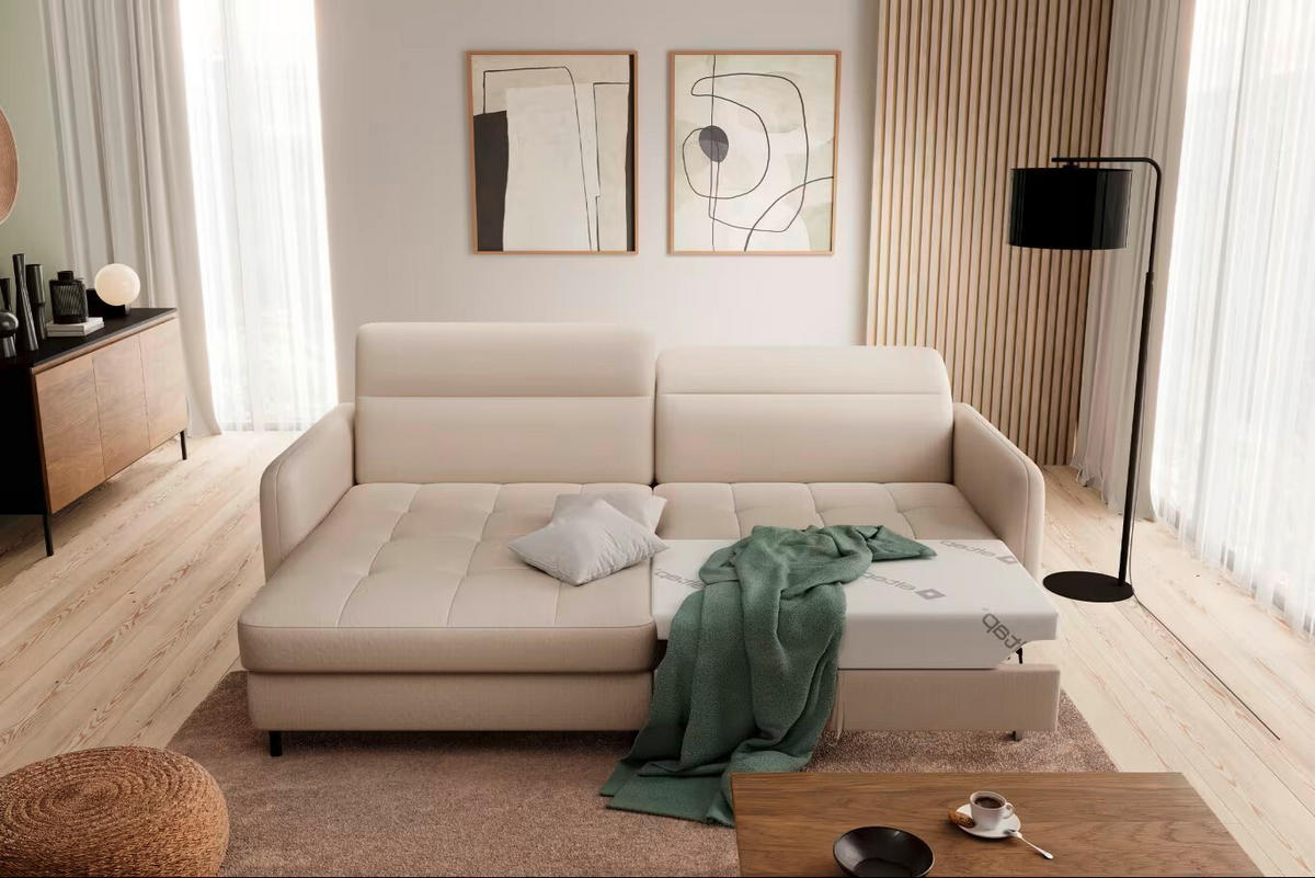 ECKSOFA in Velours Creme  165/228 cm  - Creme/Schwarz, Design, Textil/Metall (165/228cm) - MID.YOU