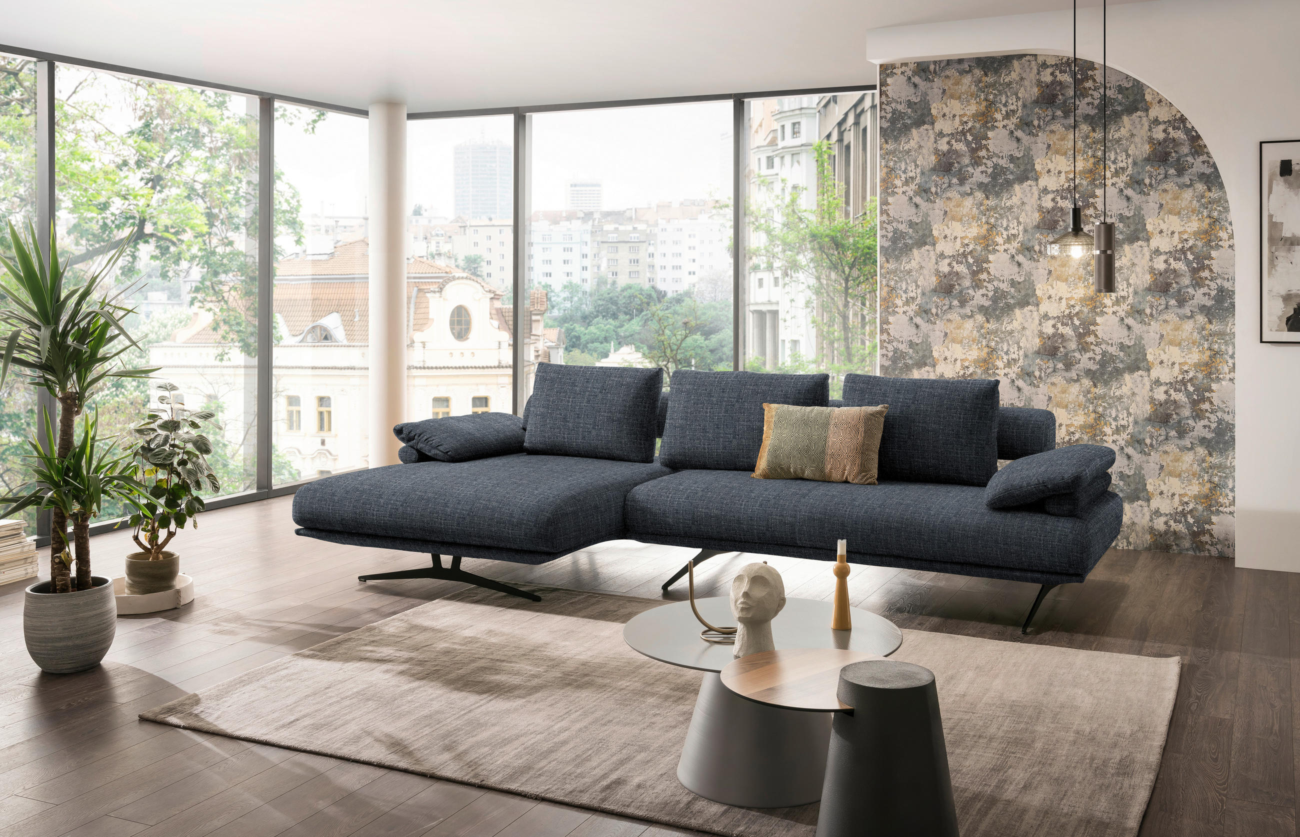 ECKSOFA in Chenille Dunkelblau  - Schwarz/Dunkelblau, Design, Textil/Metall (168/334cm) - Dieter Knoll