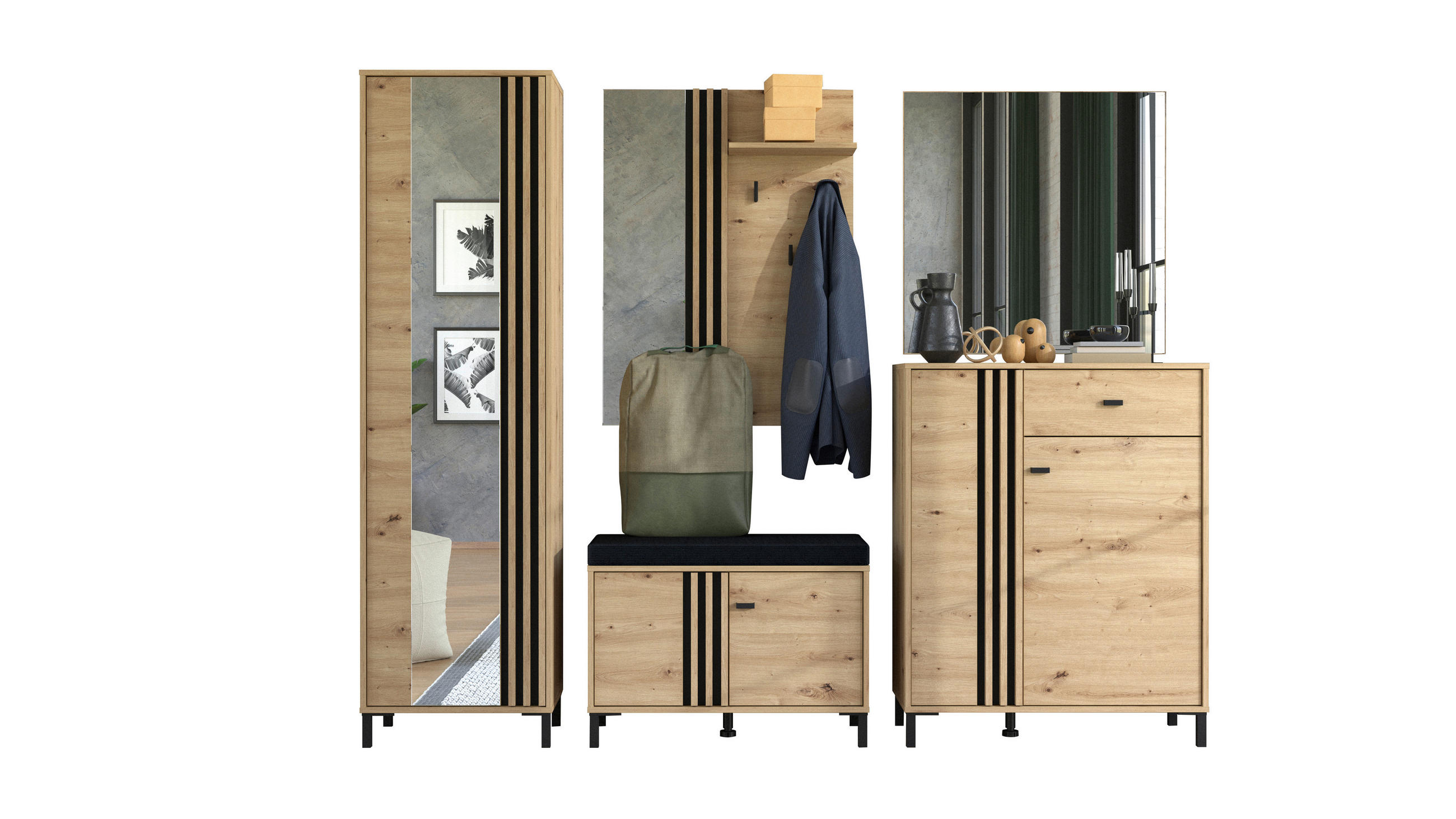 Carryhome Garderobe Schwarz, Eiche Artisan 240x192.5x40 cm