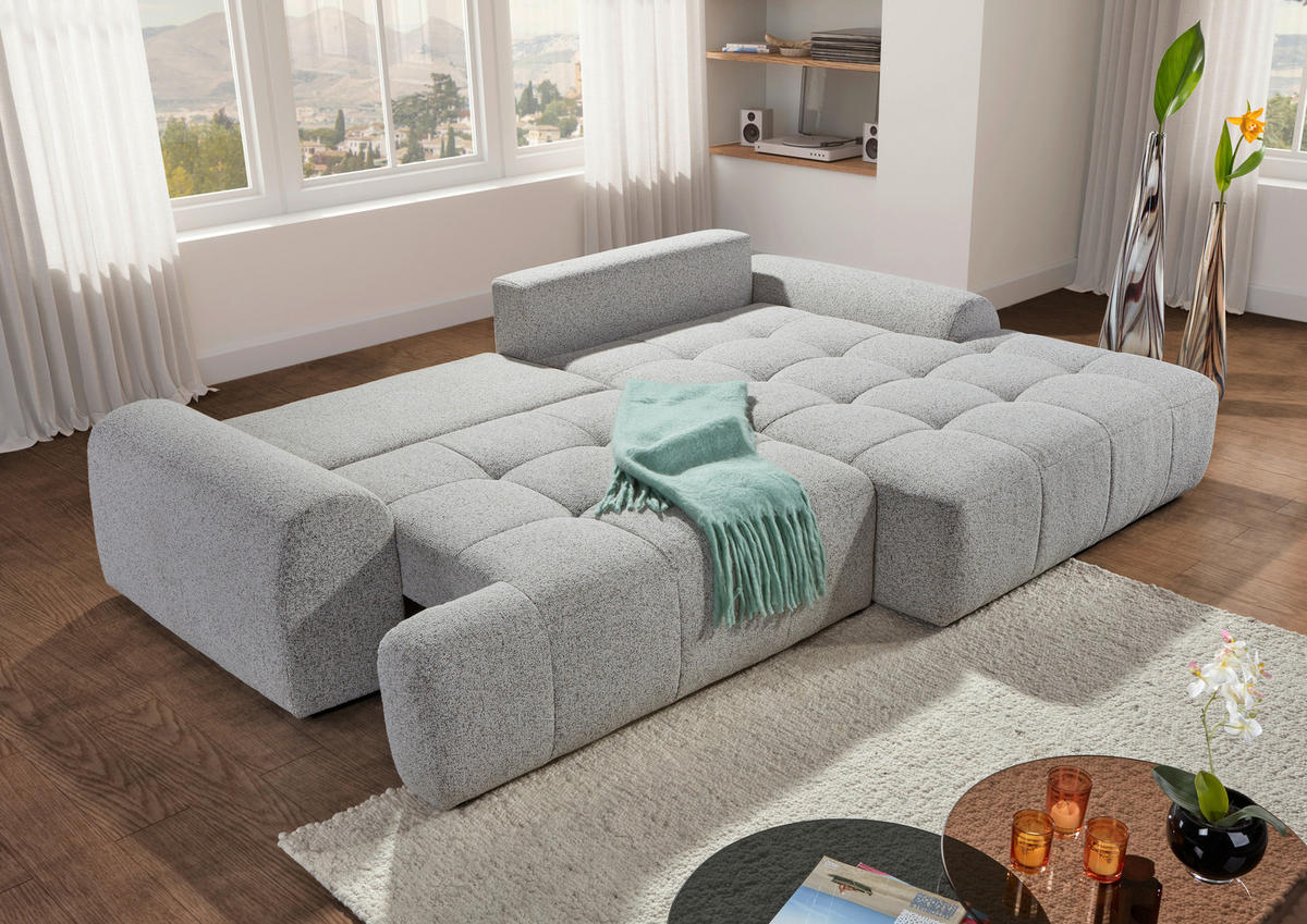 Ecksofa mit Funktion Greige Flachgewebe Zierkissen, Rückenkissen, Bettkasten, Schlaffunktion, Rücken echt, Liegefläche im Originalstoff  - Greige/Schwarz, KONVENTIONELL, Kunststoff/Textil (277/190cm) - Carryhome
