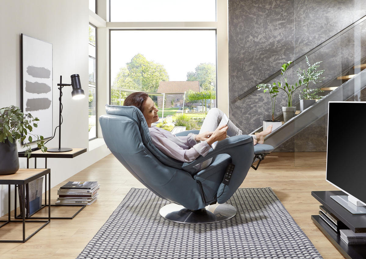 RELAXSESSEL Echtleder Relaxfunktion    - Edelstahlfarben/Anthrazit, Design, Leder/Metall (77/110/87cm) - Valdera