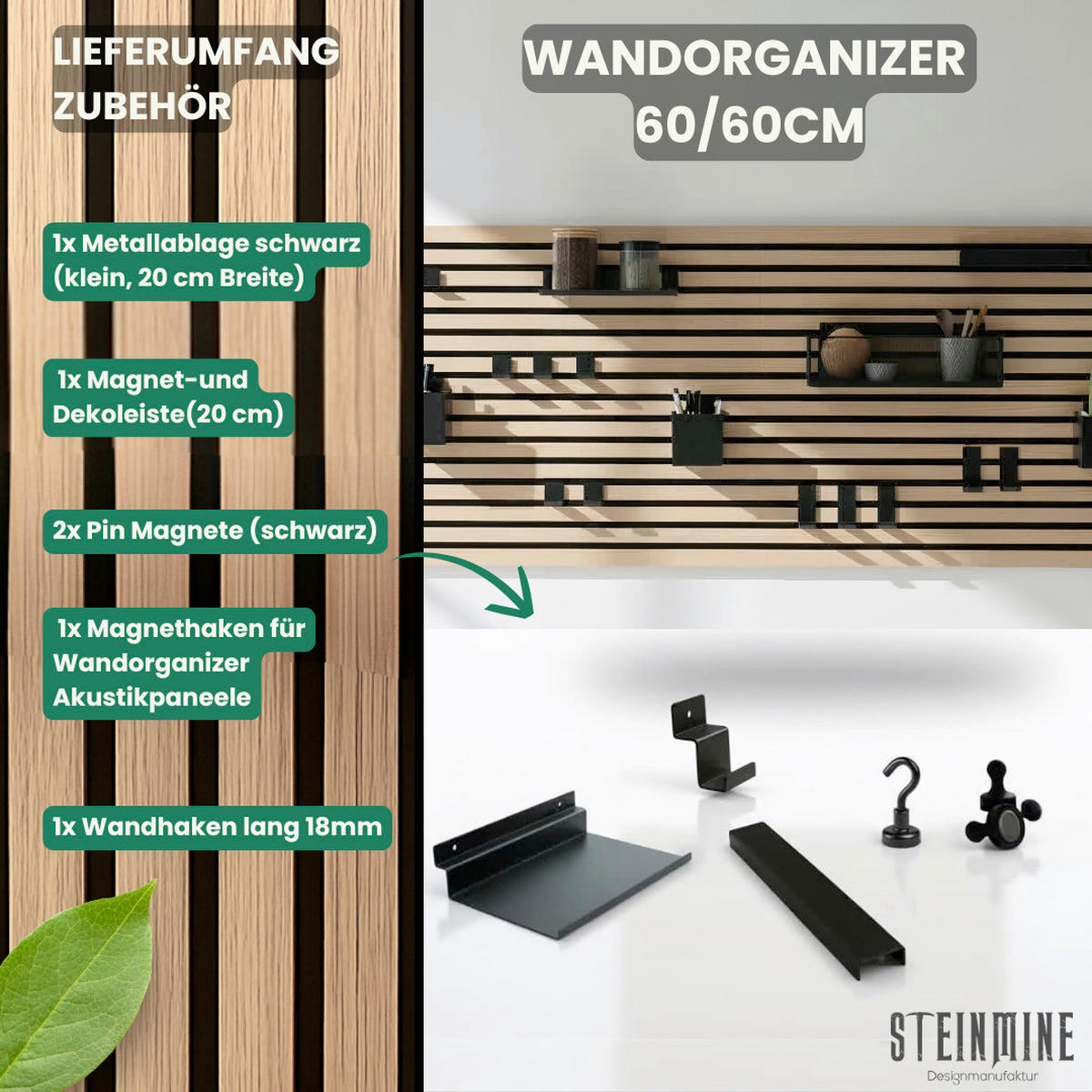 Akustikpaneel-Zubehör-Set  - Schwarz/Braun, Basics, Holzwerkstoff/Metall (60/60/2cm)