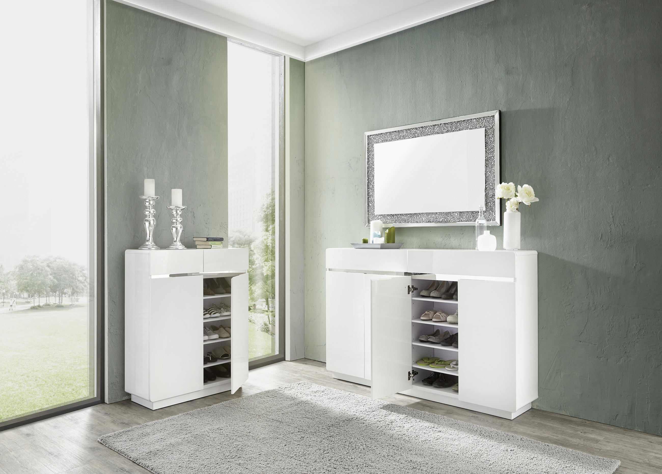 Thumbnail - Xora Schuhschrank, Weiß, Edelstahl, Metall, Holzwerkstoff, 8 Fächer, 2 Schublade(n) Schubladen, 160.3x104.5x34.5 cm, Typ...