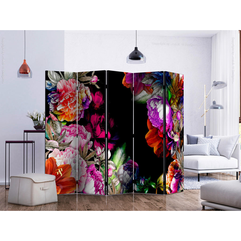 Thumbnail - artgeist Paravent, Mehrfarbig, Schwarz, Holz, Textil, Kiefer, massiv, Floral, 225x172x3 cm, Motiv auf Vorderseite, Wohnz...