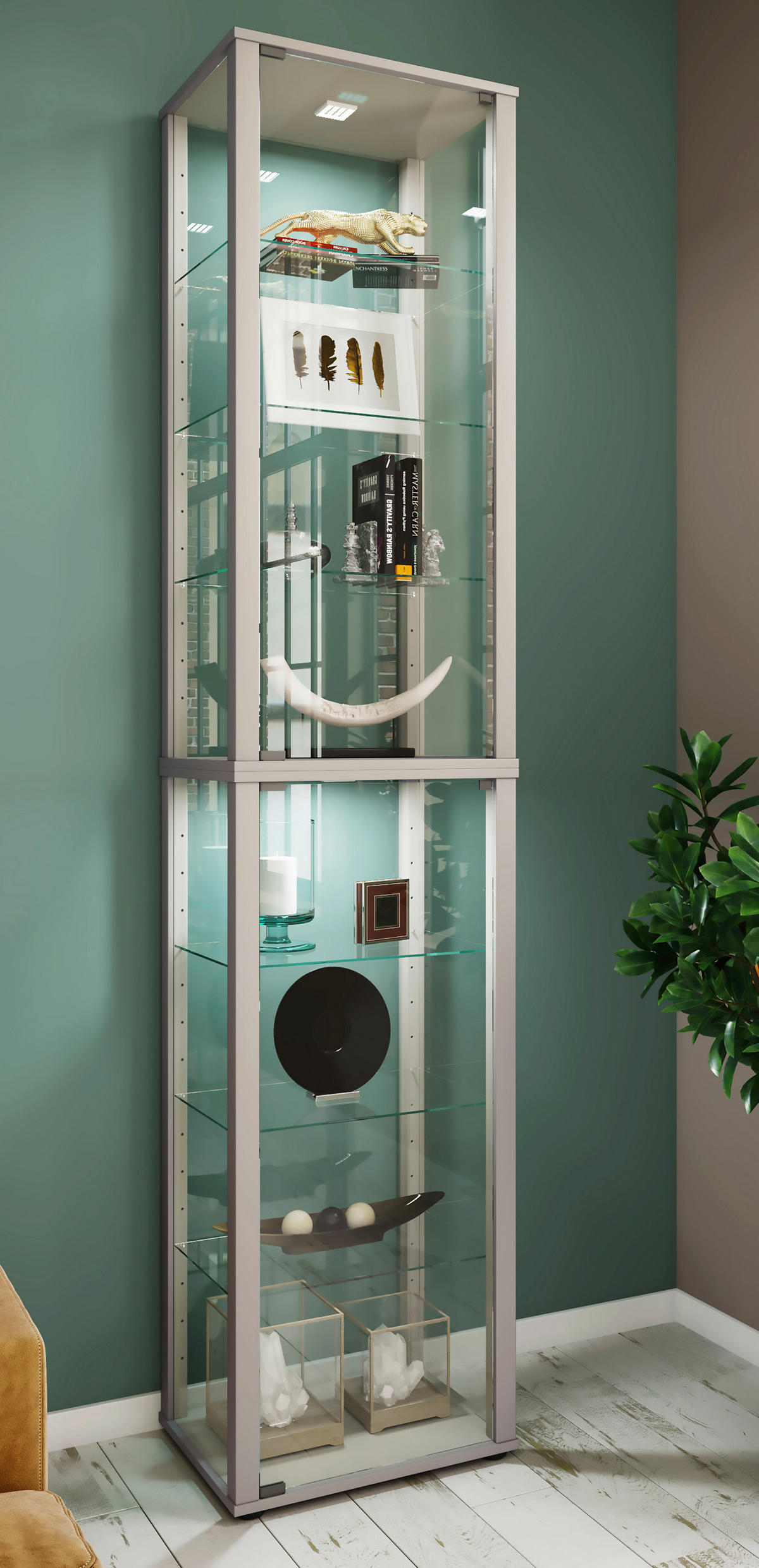 VITRINE in Silberfarben  - Silberfarben/Schwarz, Modern, Glas/Holzwerkstoff (50/227/38cm) - MID.YOU