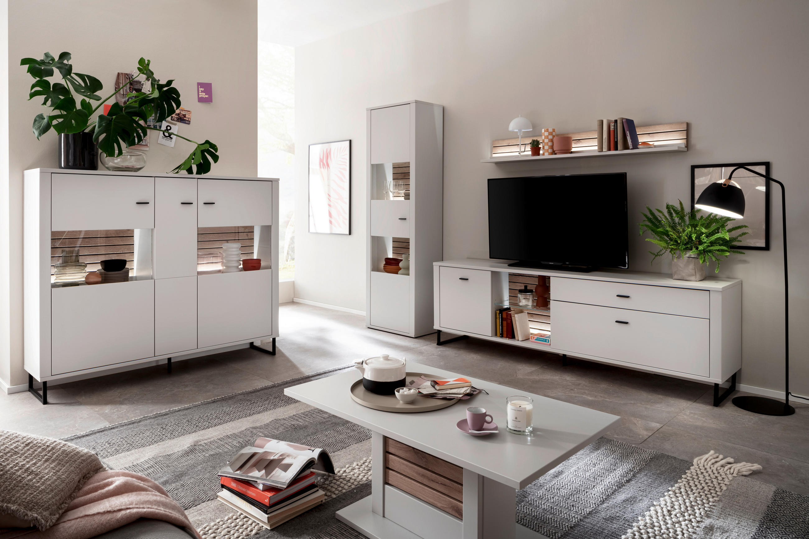 WOHNWAND  in Weiss, Eichefarben 287/206/44 cm  - Weiss/Eichefarben, Design, Glas/Holzwerkstoff (287/206/44cm) - Stylife