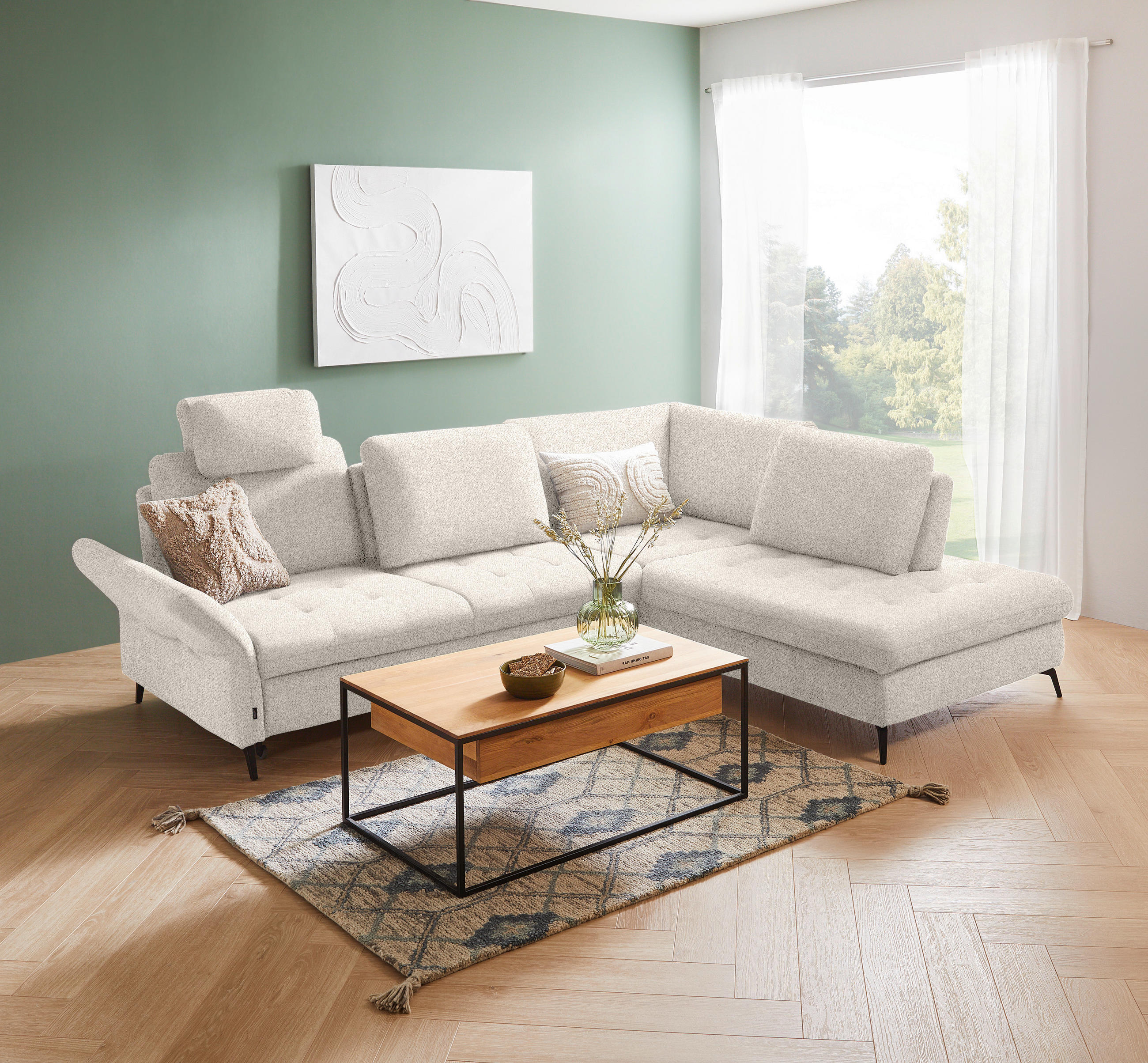 ECKSOFA Creme Bouclé  - Creme/Schwarz, Natur, Textil/Metall (288/233cm) - Valnatura