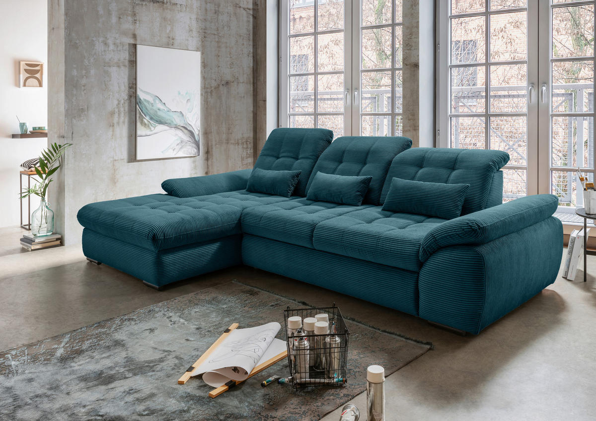 ECKSOFA in Cord Petrol  - Petrol/Schwarz, Modern, Textil/Metall (184/314cm) - Livetastic