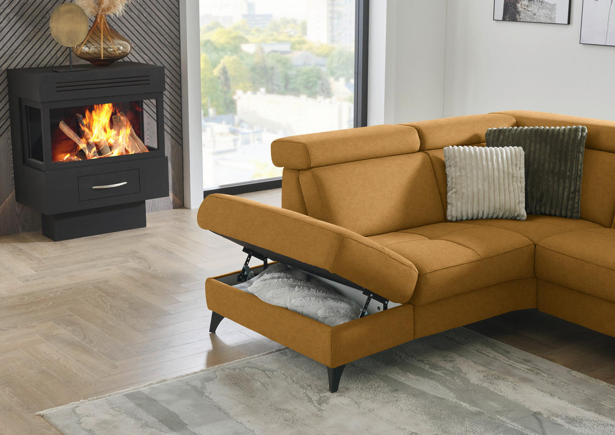 ECKSOFA Flachgewebe Currygelb  - Currygelb/Schwarz, Konventionell, Textil/Metall (214/276cm) - Beldomo System