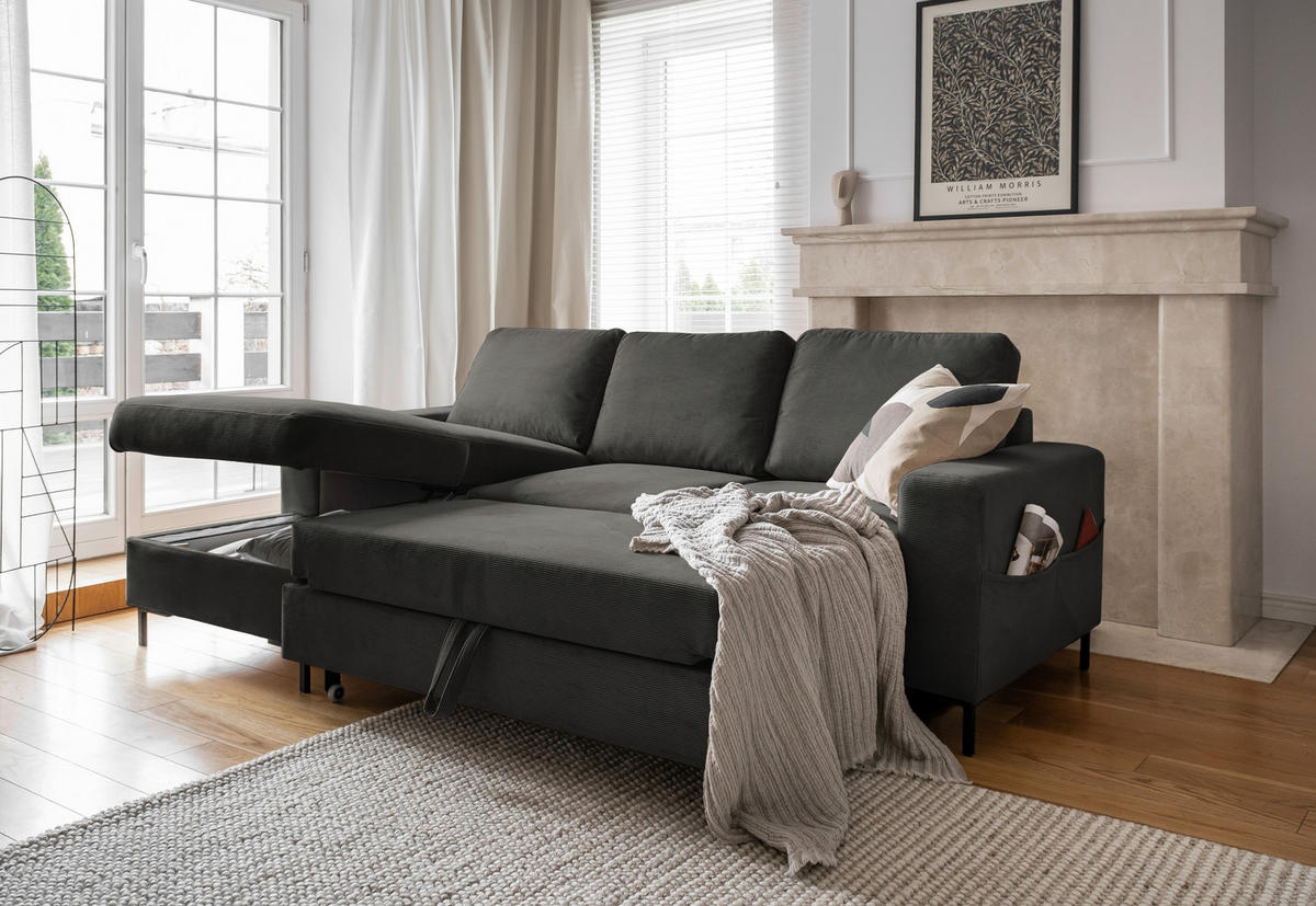 ECKSOFA Grau Cord  - Schwarz/Grau, MODERN, Textil/Metall (148/236cm) - MID.YOU