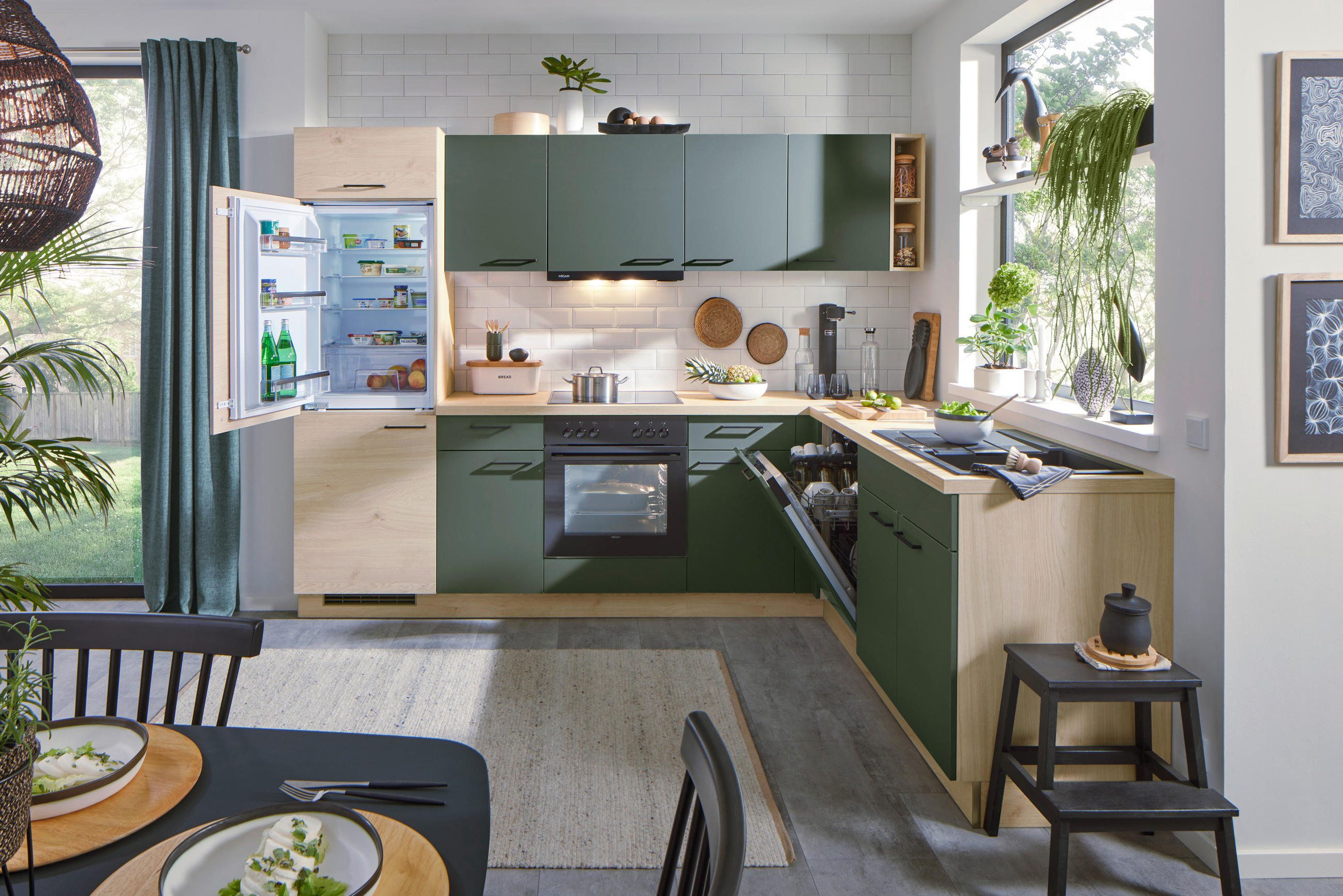 EINBAUKÜCHE - Dunkelgrün/Eichefarben, MODERN, Holzwerkstoff/Metall - Welnova