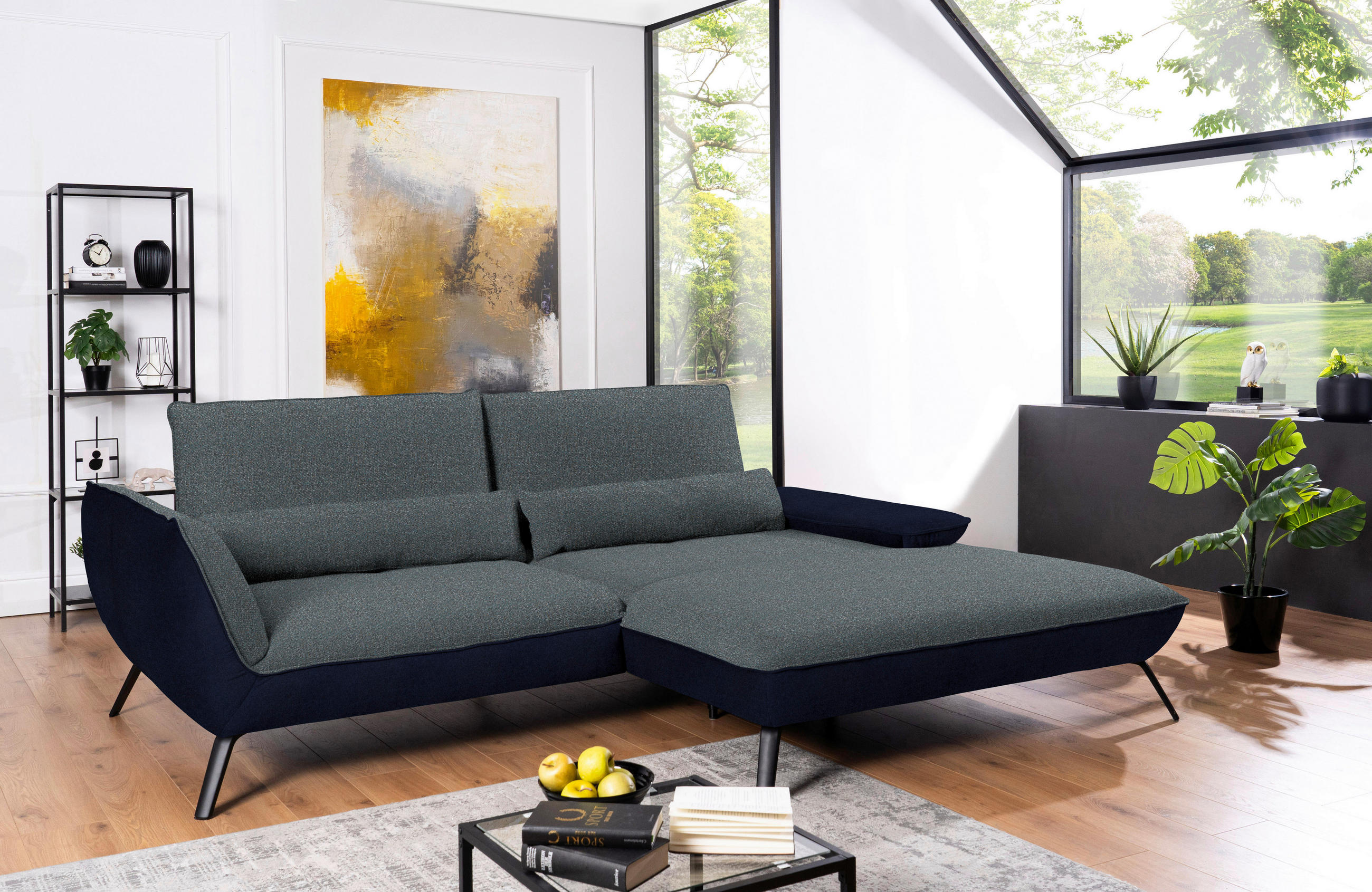 ECKSOFA in Flachgewebe Blaugrau  - Blaugrau/Schwarz, Design, Textil/Metall (273/191cm) - Moderano
