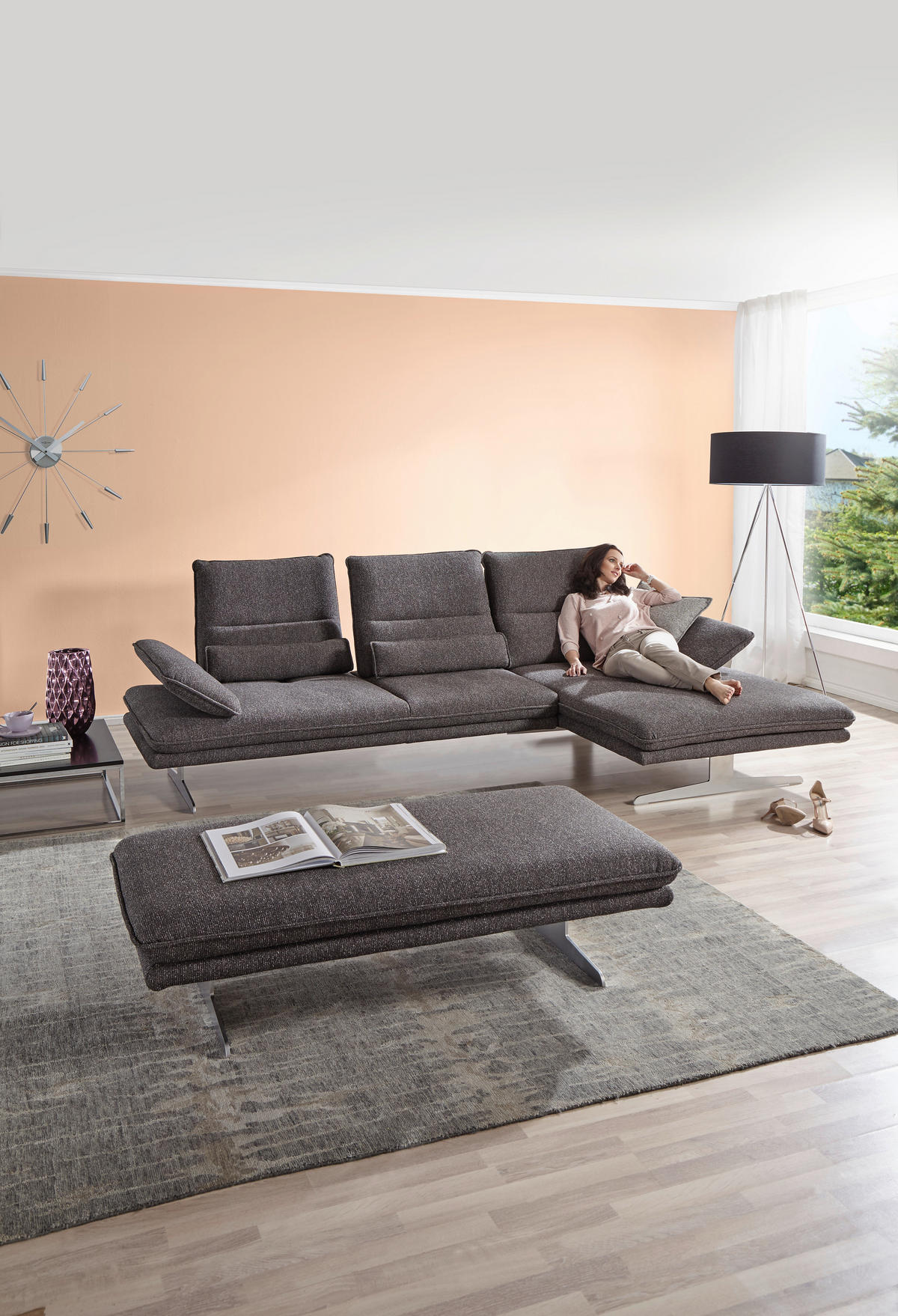 ECKSOFA Webstoff Anthrazit  - Chromfarben/Anthrazit, Design, Textil/Metall (291/164cm) - Chilliano