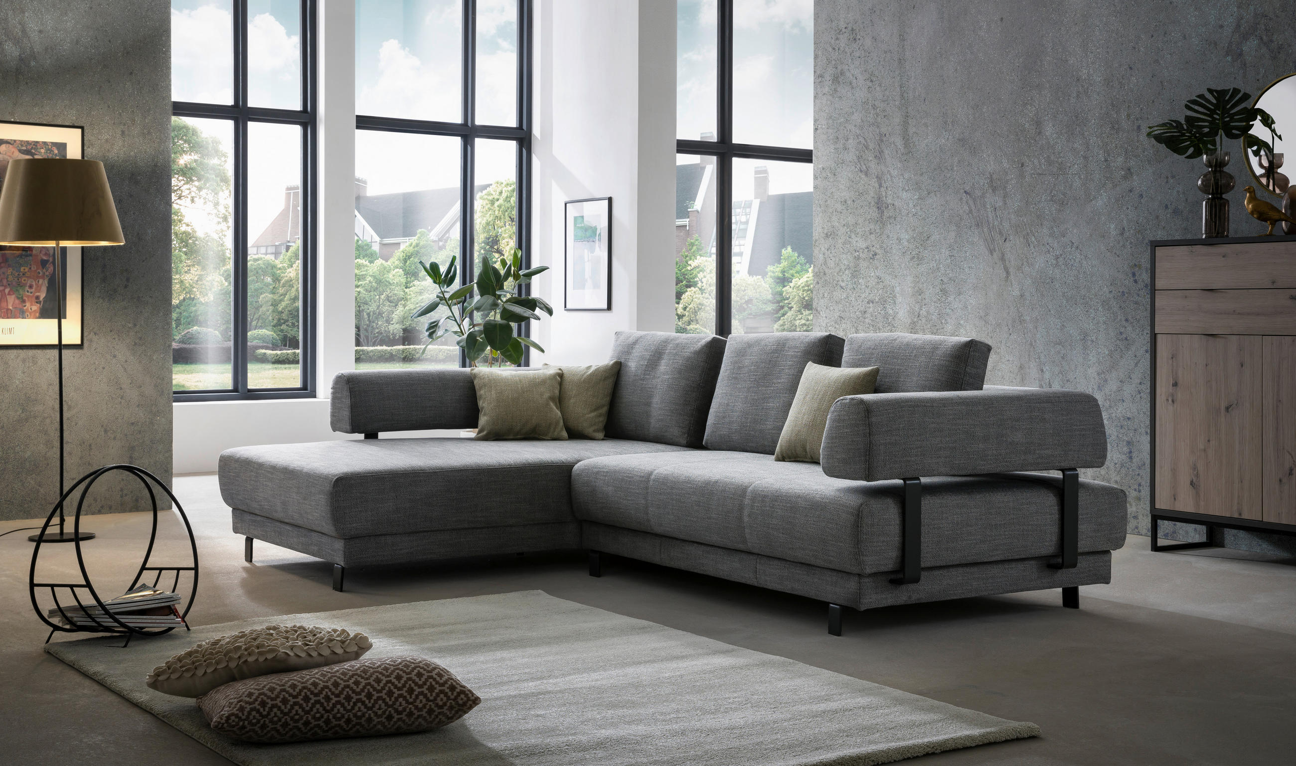 ECKSOFA 202/279 cm  in Flachgewebe Grau Rückenkissen, Rücken echt  202/279 cm  - Schwarz/Grau, Design, Textil/Metall (202/279cm) - Ewald Schillig Brand