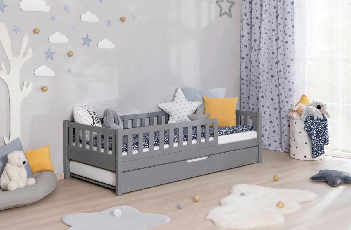 HAUSBETT  in Hellgrau, Absturzsicherung, Matratze, Rollrost, Bettkasten  - Hellgrau/Weiß, MODERN, Holz/Textil (90/200cm) - MID.YOU