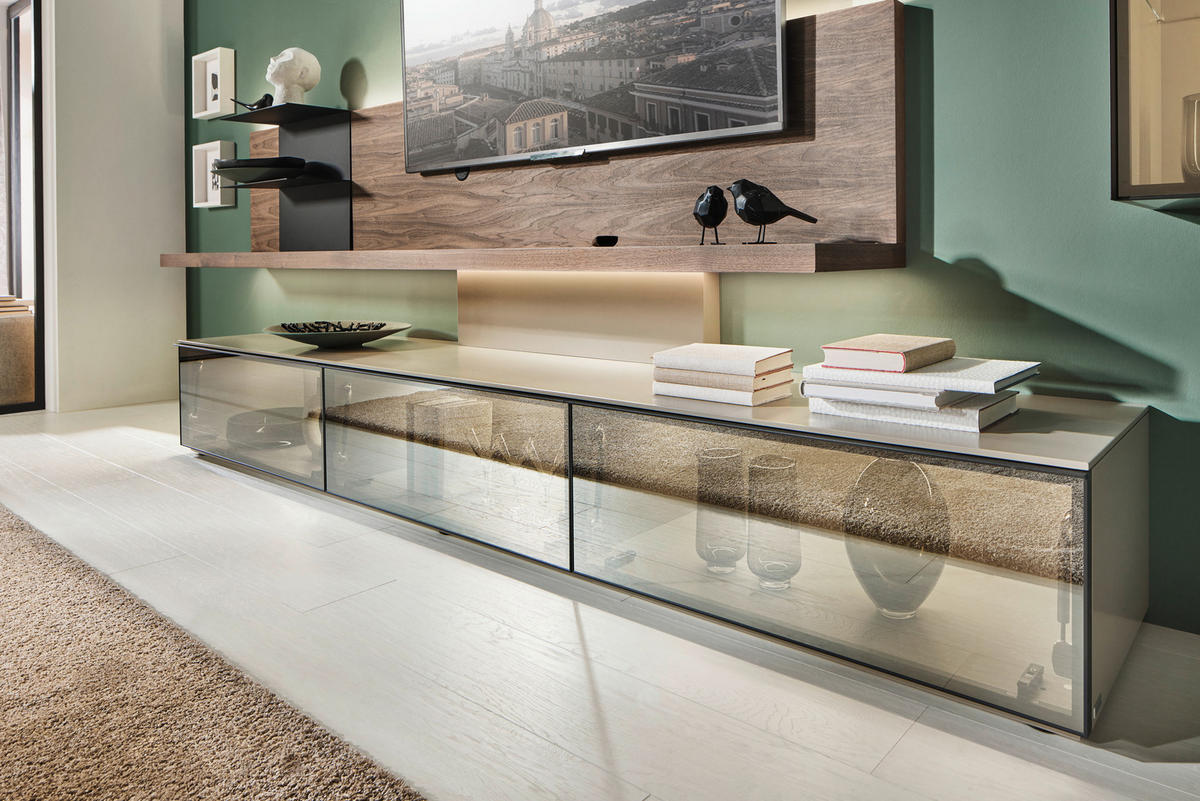WOHNWAND  in Taupe, Nussbaumfarben 415/190/45 cm  - Taupe/Nussbaumfarben, Design, Glas/Holz (415/190/45cm) - Ambiente