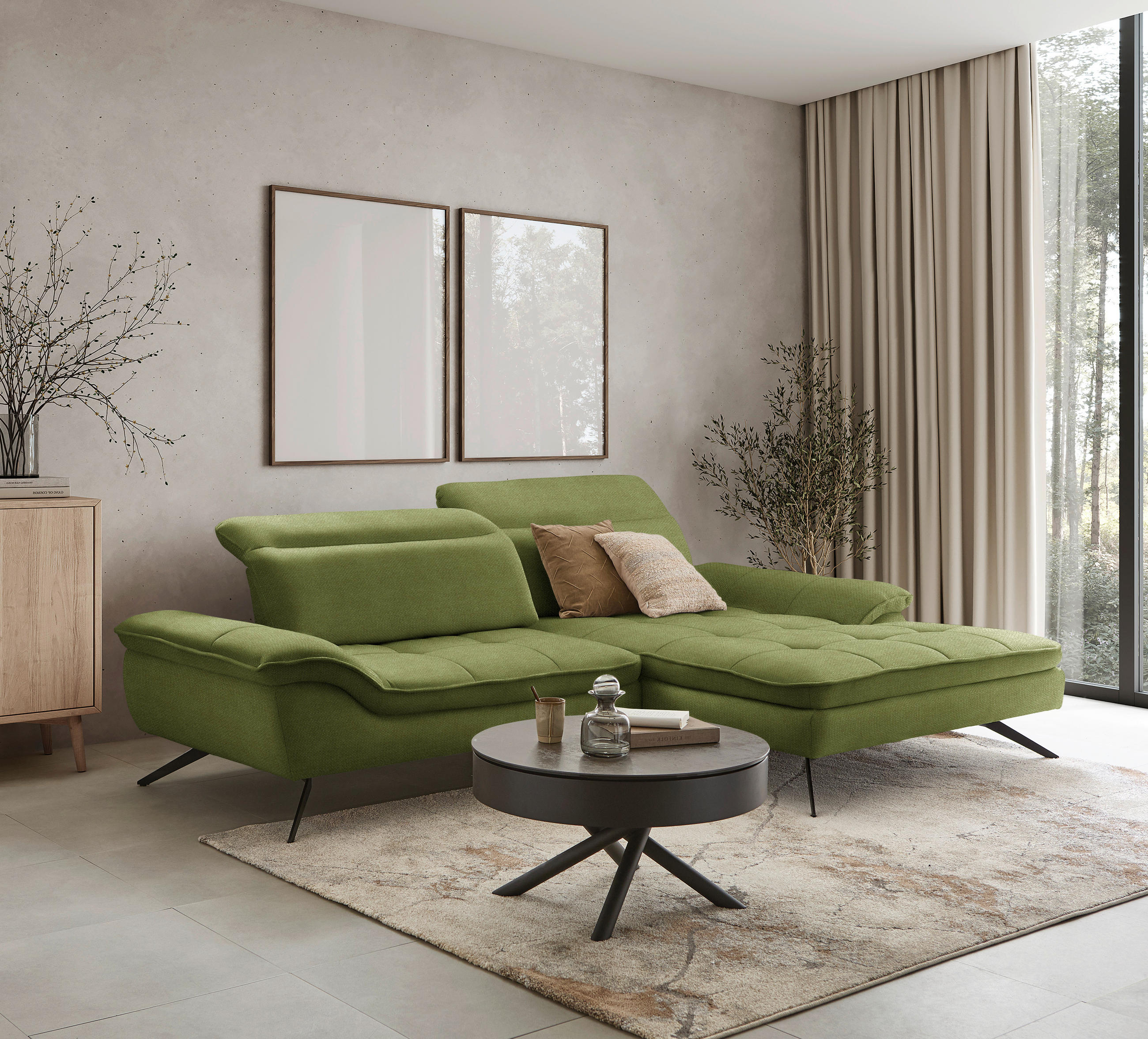 ECKSOFA in Webstoff Grün  - Schwarz/Grün, Design, Textil/Metall (288/179-202cm) - Stylife