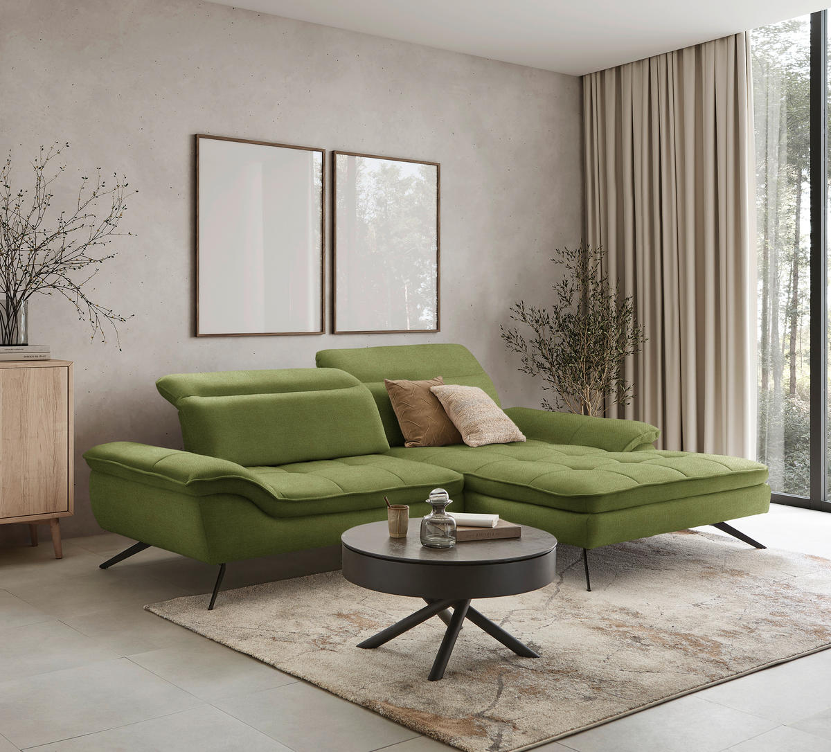 ECKSOFA in Webstoff Grün  - Schwarz/Grün, Design, Textil/Metall (288/179-202cm) - Stylife